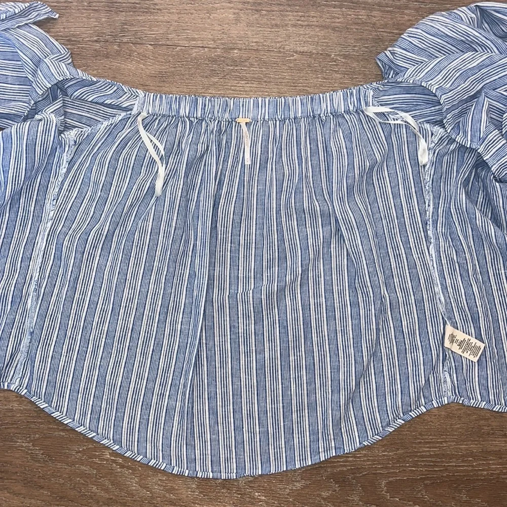 Free People Blue/White Striped Off-The-Shoulder Blouse Top - Picture 13 of 15